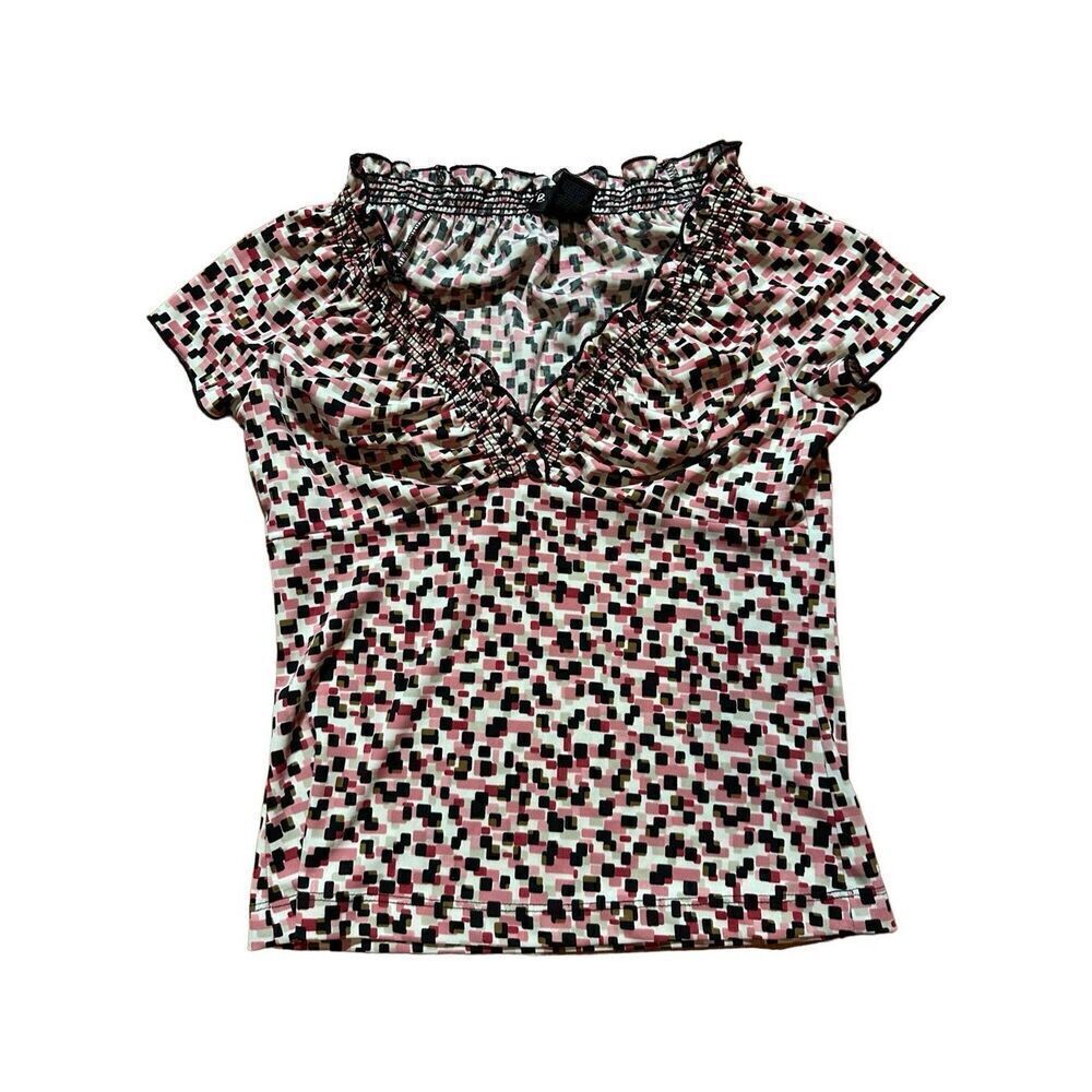 BCBG y2k pink black geometric pattern ruffle collar blouse ‎ sz S